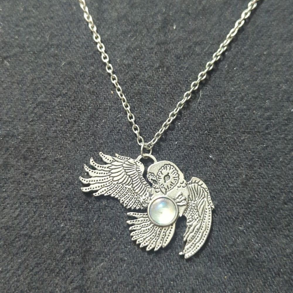 Silver Tone Flying Owl with Clear Rhinestone Pendant Statement Necklace